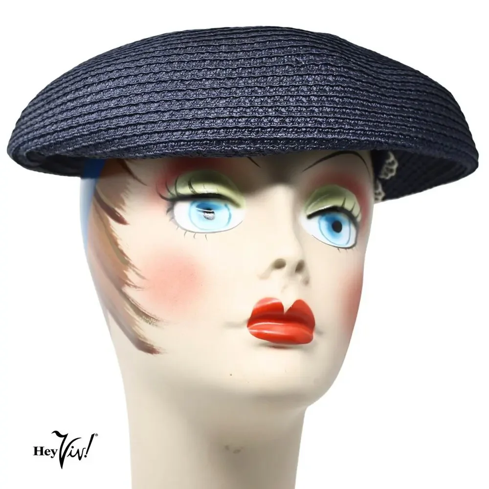 Vintage Marche Exclusive Navy Wide Straw Hat w Lace Ribbon Church Tea - Hey Viv - Picture 2 of 9